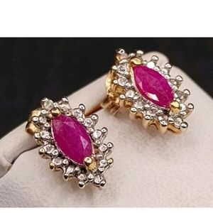Marquis Cut Ruby Stone and Diamond Halo Earrings Gold-toned Stamped .925 Posts